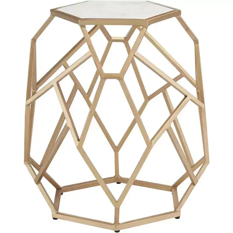 Table d'appoint hexagonale moderne en métal doré Coast to Coast Accents avec plateau en marbre véritable blanc de 52 cm pour salon, chambre à coucher ou chevet