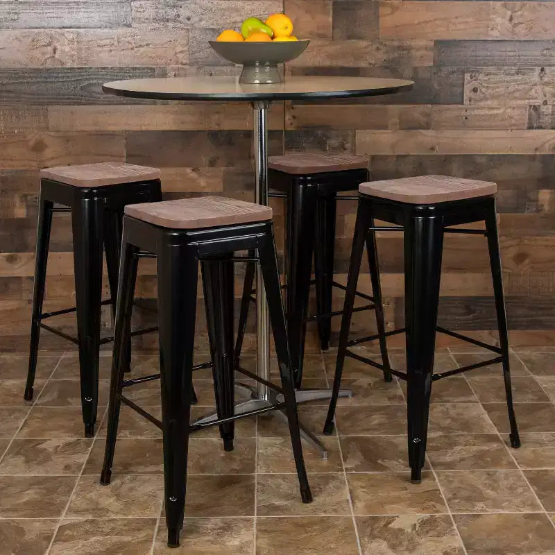 Tabouret de bar d'intérieur en métal de 76 cm de hauteur avec assise en bois, de la marque Flash Furniture - Lot de 4 empilables
