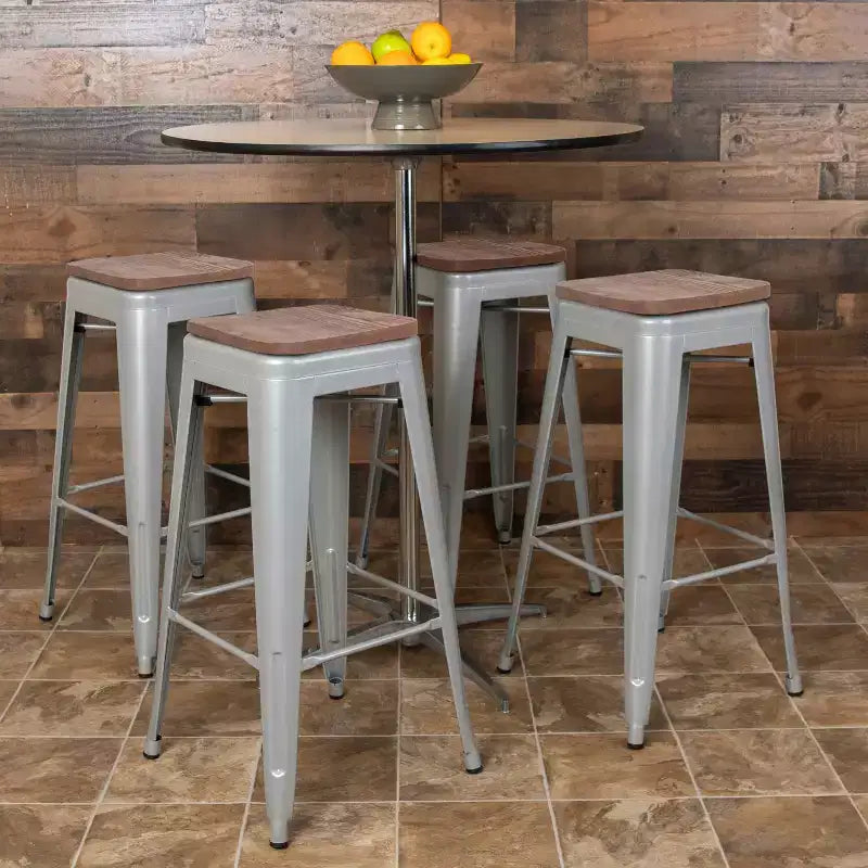 Tabouret de bar d'intérieur en métal de 76 cm de hauteur avec assise en bois, de la marque Flash Furniture - Lot de 4 empilables