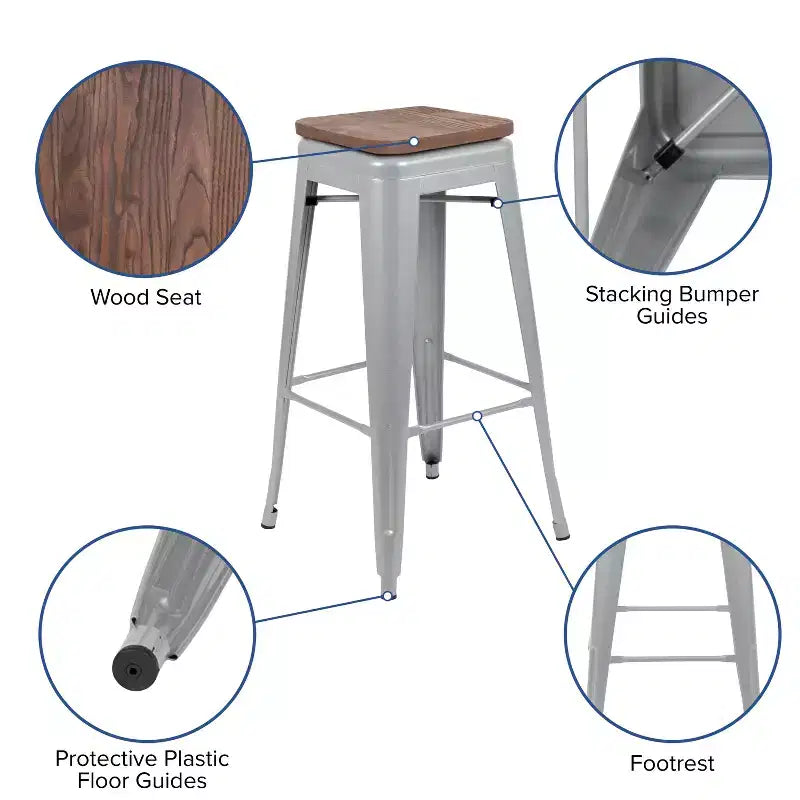 Tabouret de bar d'intérieur en métal de 76 cm de hauteur avec assise en bois, de la marque Flash Furniture - Lot de 4 empilables