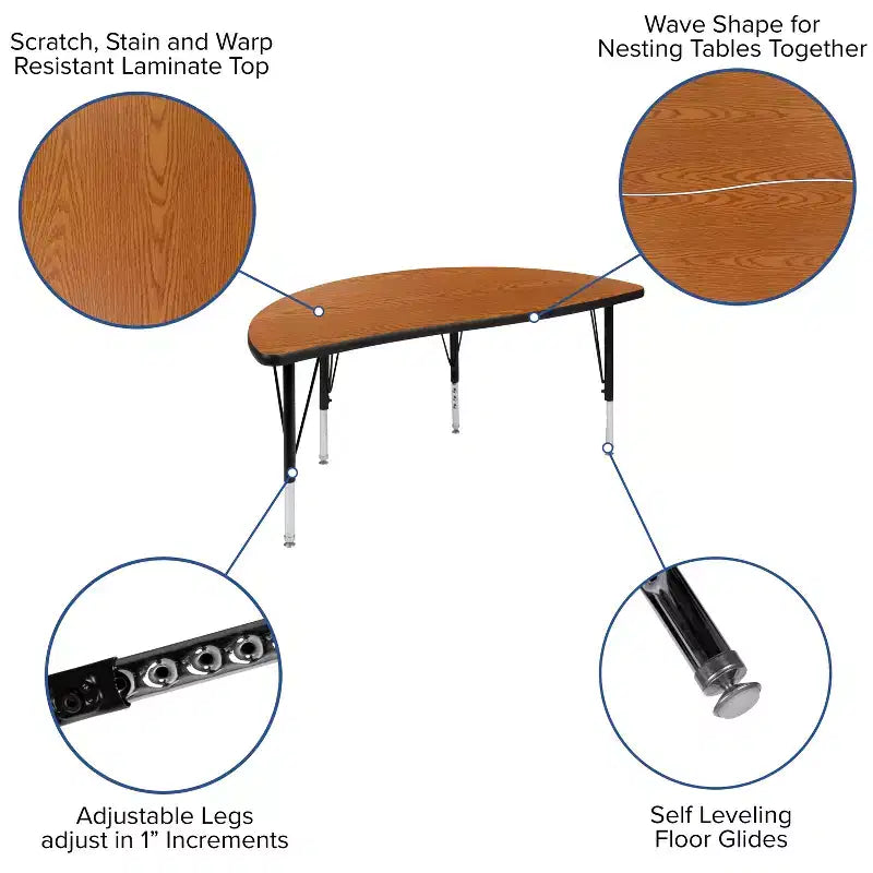 Flash Furniture Table d'activités collaborative flexible en stratifié thermique demi-cercle de 47,5 po – Pieds courts réglables en hauteur