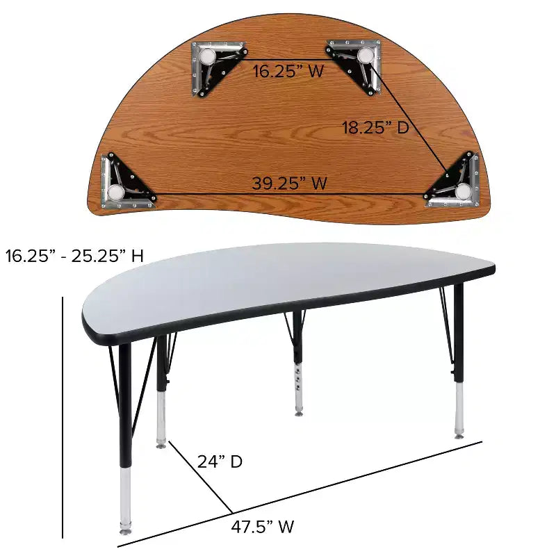 Flash Furniture Table d'activités collaborative flexible en stratifié thermique demi-cercle de 47,5 po – Pieds courts réglables en hauteur