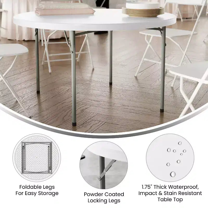 Table pliante ronde en plastique blanc granit de 1,2 mètre Emma et Oliver - Table pliante de banquet/événement