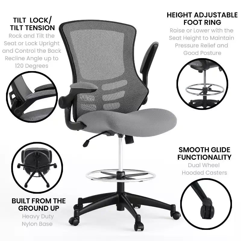 Chaise de dessinateur ergonomique Emma and Oliver Mid-Back Mesh avec repose-pieds et accoudoirs relevables