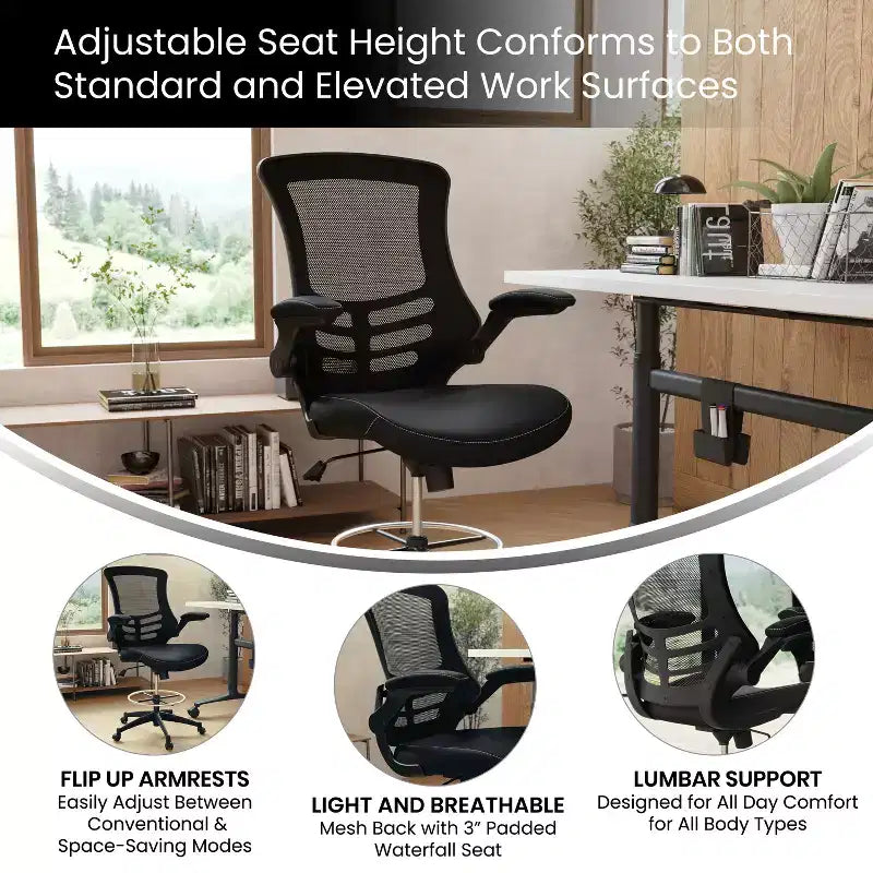 Chaise de dessinateur ergonomique Emma and Oliver Mid-Back Mesh avec repose-pieds et accoudoirs relevables