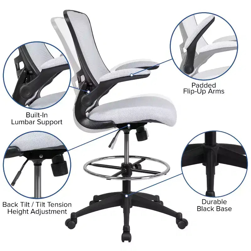 Chaise de dessinateur ergonomique Emma and Oliver Mid-Back Mesh avec repose-pieds et accoudoirs relevables