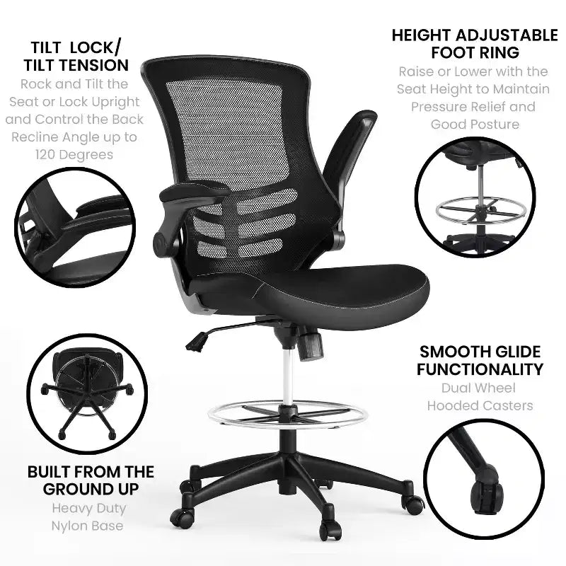 Chaise de dessinateur ergonomique Emma and Oliver Mid-Back Mesh avec repose-pieds et accoudoirs relevables