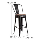 Tabouret de bar Emma et Oliver 30H en métal avec dossier et assise carrée en bois