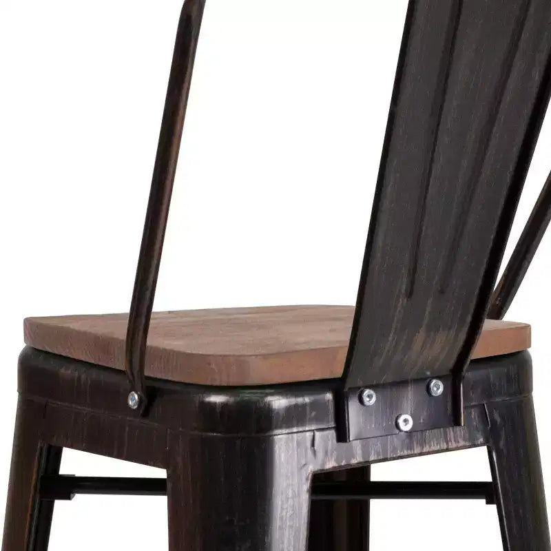 Tabouret de bar Emma et Oliver 30H en métal avec dossier et assise carrée en bois