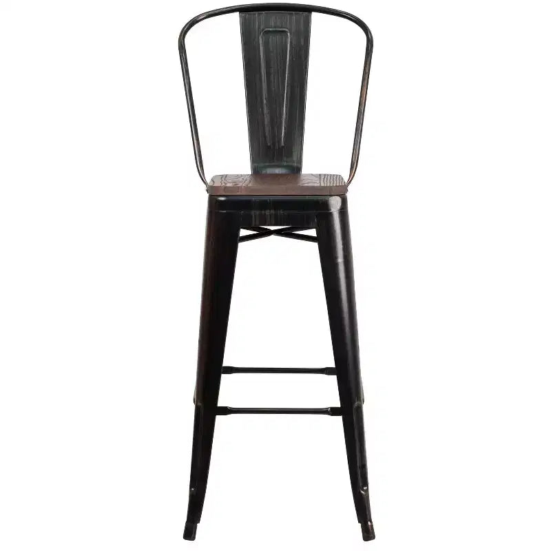 Tabouret de bar Emma et Oliver 30H en métal avec dossier et assise carrée en bois