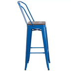 Tabouret de bar Emma et Oliver 30H en métal avec dossier et assise carrée en bois