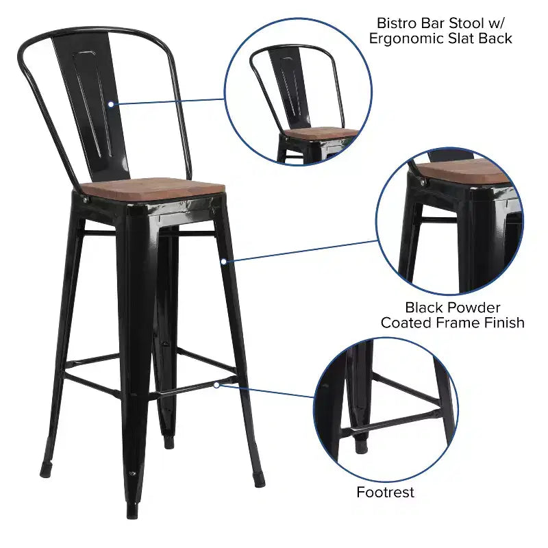 Tabouret de bar Emma et Oliver 30H en métal avec dossier et assise carrée en bois
