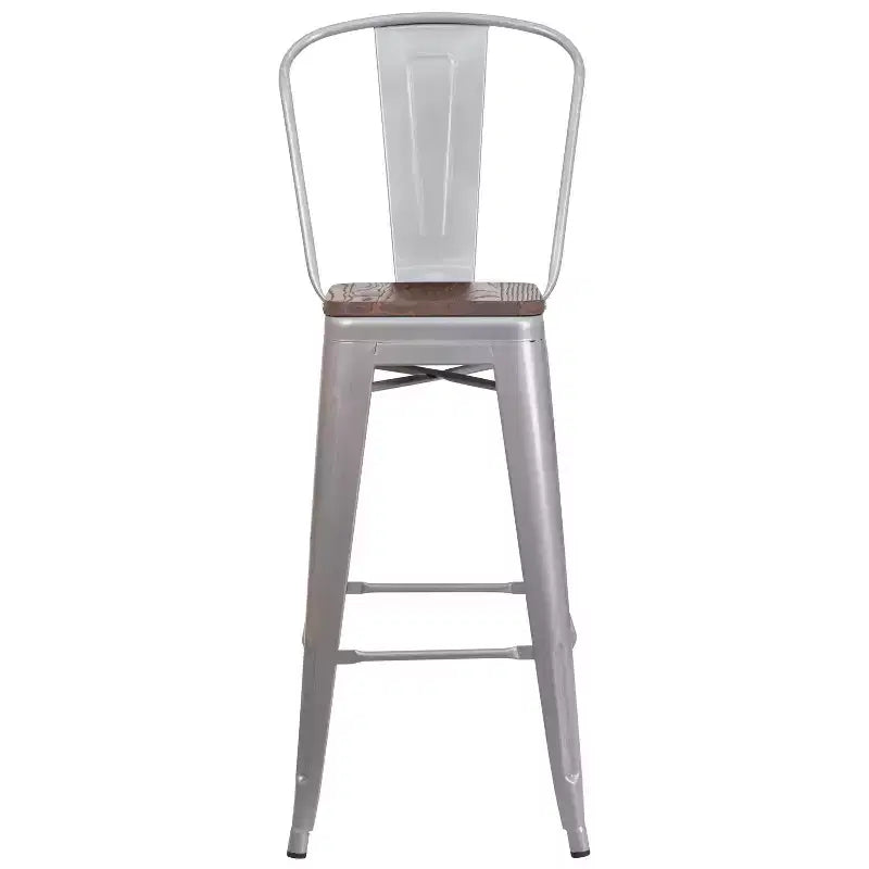 Tabouret de bar Emma et Oliver 30H en métal avec dossier et assise carrée en bois