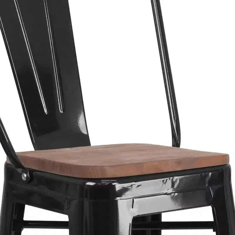 Tabouret de bar Emma et Oliver 30H en métal avec dossier et assise carrée en bois