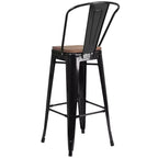 Tabouret de bar Emma et Oliver 30H en métal avec dossier et assise carrée en bois