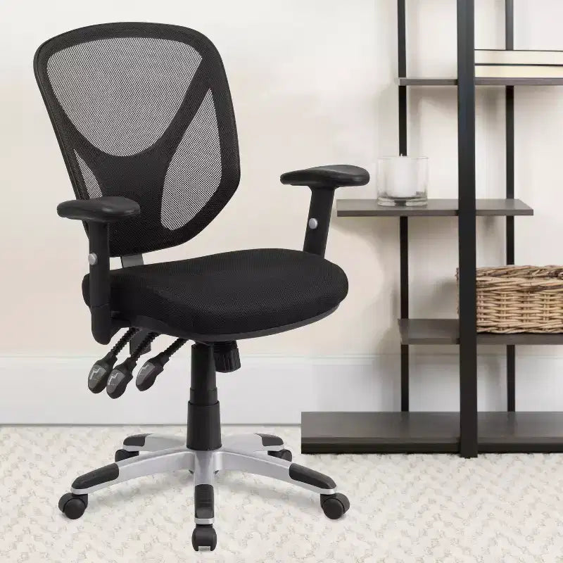 Emma et Oliver Chaise de bureau ergonomique multifonction pivotante en maille noire à dossier moyen – Accoudoirs