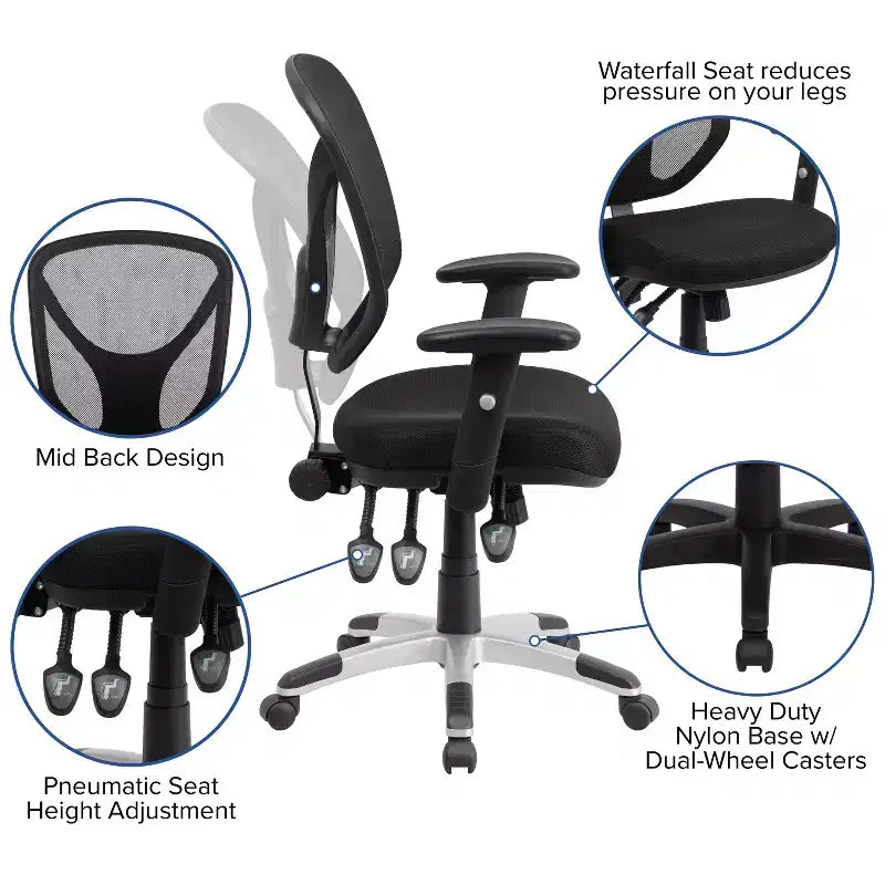 Emma et Oliver Chaise de bureau ergonomique multifonction pivotante en maille noire à dossier moyen – Accoudoirs