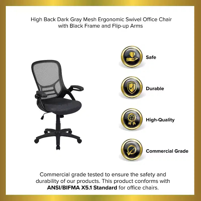 Fauteuil de bureau ergonomique à dossier haut en maille Emma et Oliver avec accoudoirs relevables