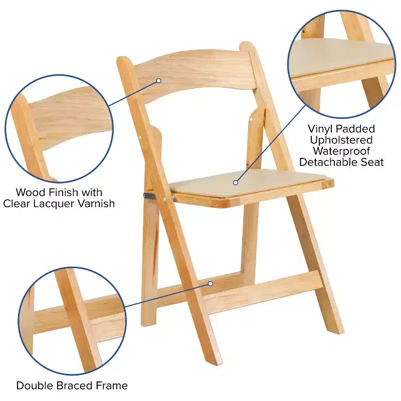Emma et Oliver, paquet de 2 chaises pliantes en bois pour mariage ou événement, avec siège rembourré en vinyle