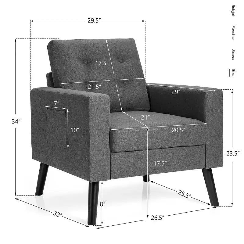 Costway Fauteuil d'appoint capitonné moderne en tissu, canapé simple avec pieds en bois d'hévéa Bleu/Beige/Gris