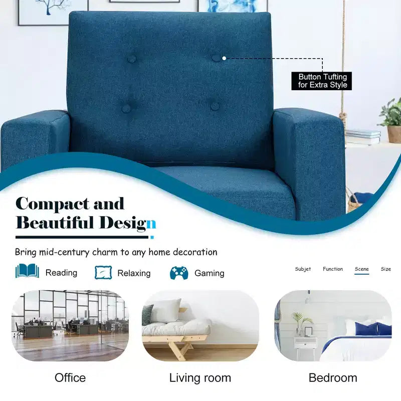 Costway Fauteuil d'appoint capitonné moderne en tissu, canapé simple avec pieds en bois d'hévéa Bleu/Beige/Gris
