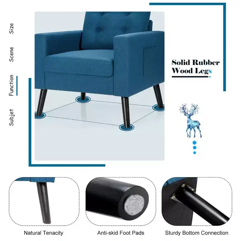 Costway Fauteuil d'appoint capitonné moderne en tissu, canapé simple avec pieds en bois d'hévéa Bleu/Beige/Gris
