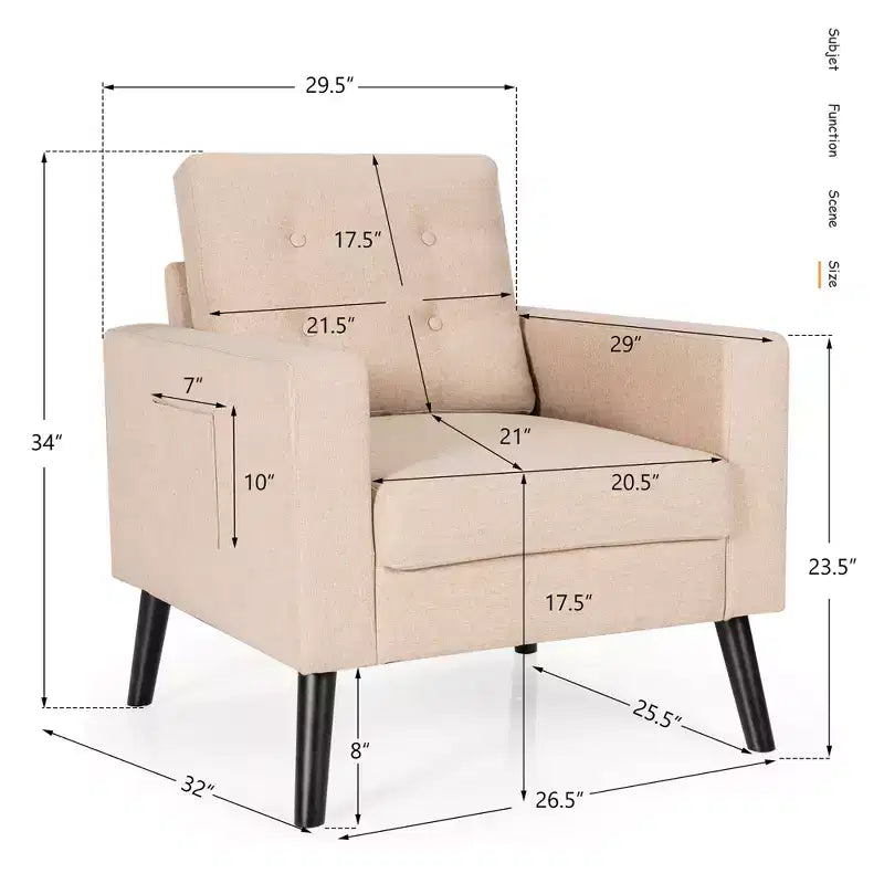 Costway Fauteuil d'appoint capitonné moderne en tissu, canapé simple avec pieds en bois d'hévéa Bleu/Beige/Gris