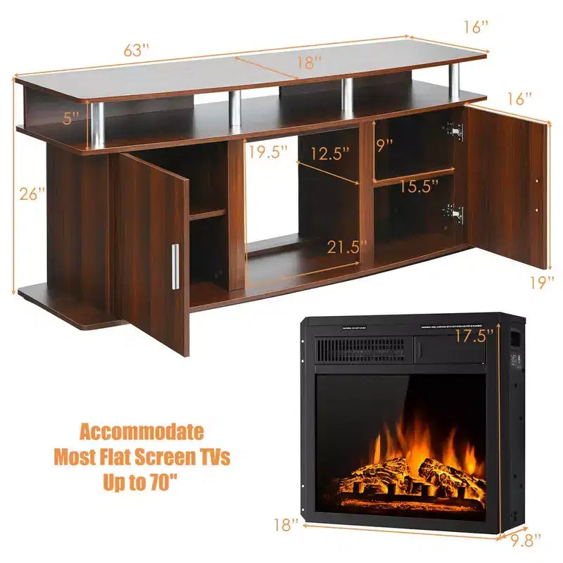 Meuble TV avec cheminée électrique Costway 63 po avec foyer électrique de 18 po 1500W pour téléviseurs jusqu'à 70 po Noyer