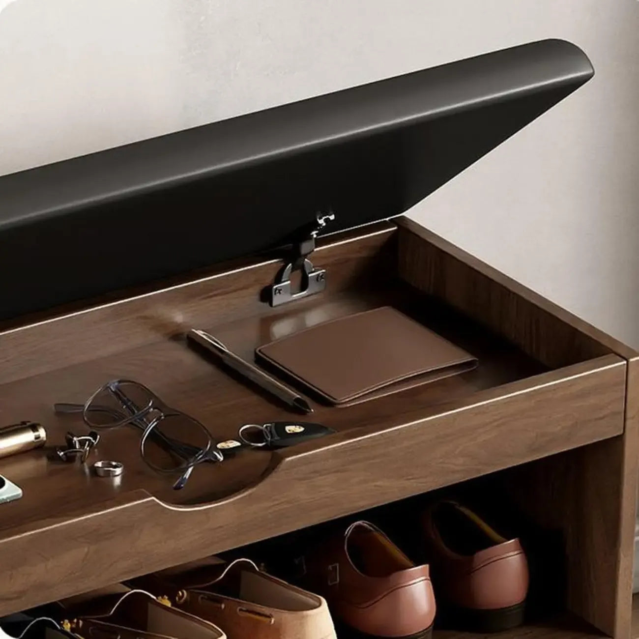 Banc de rangement à chaussures en bois massif avec coussin et étagère ouverte