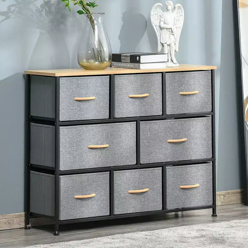 HOMCOM Commode à 8 tiroirs, Meuble de rangement à 3 niveaux avec tiroirs en tissu et cadre en acier pour chambre à coucher, couloir