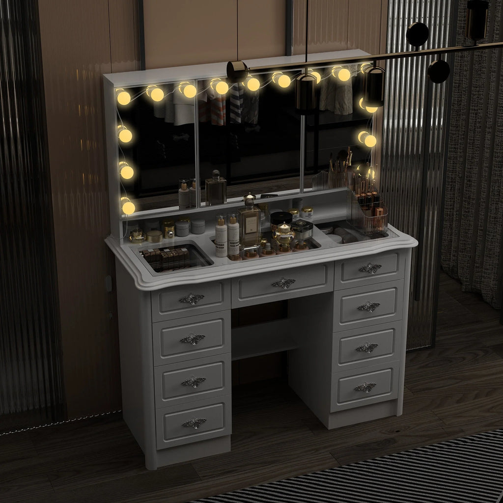 Coiffeuse moderne blanche avec miroir pliable éclairage réglable - 102,1 x 137,4 cm