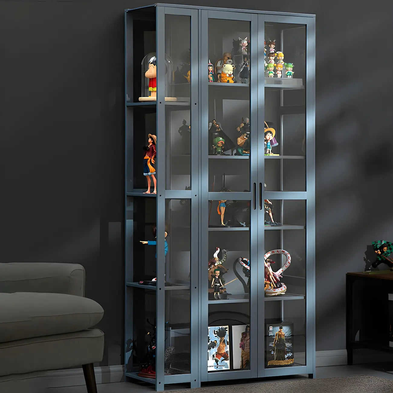 Vitrine de présentation ouverte en bambou et verre, 7 étagères, couleur beige