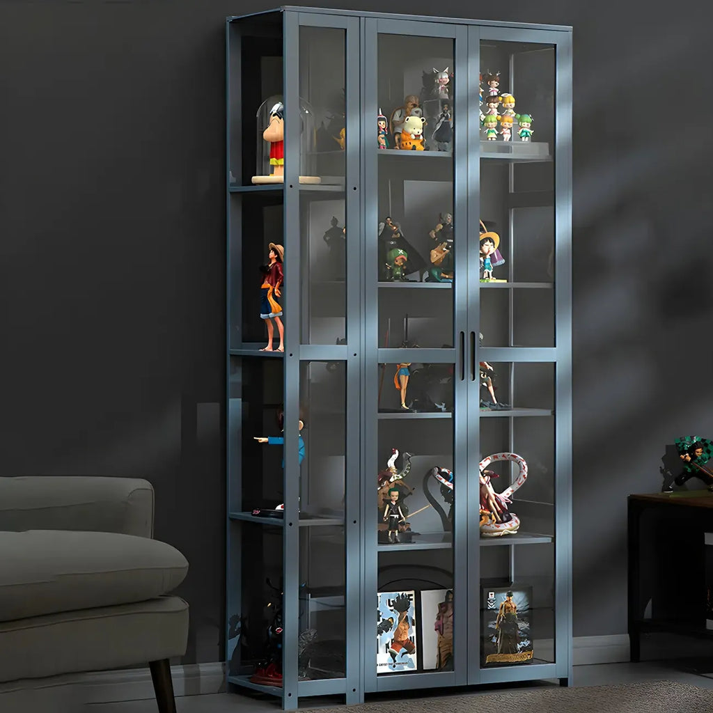 Vitrine de présentation ouverte en bambou et verre, 7 étagères, couleur beige