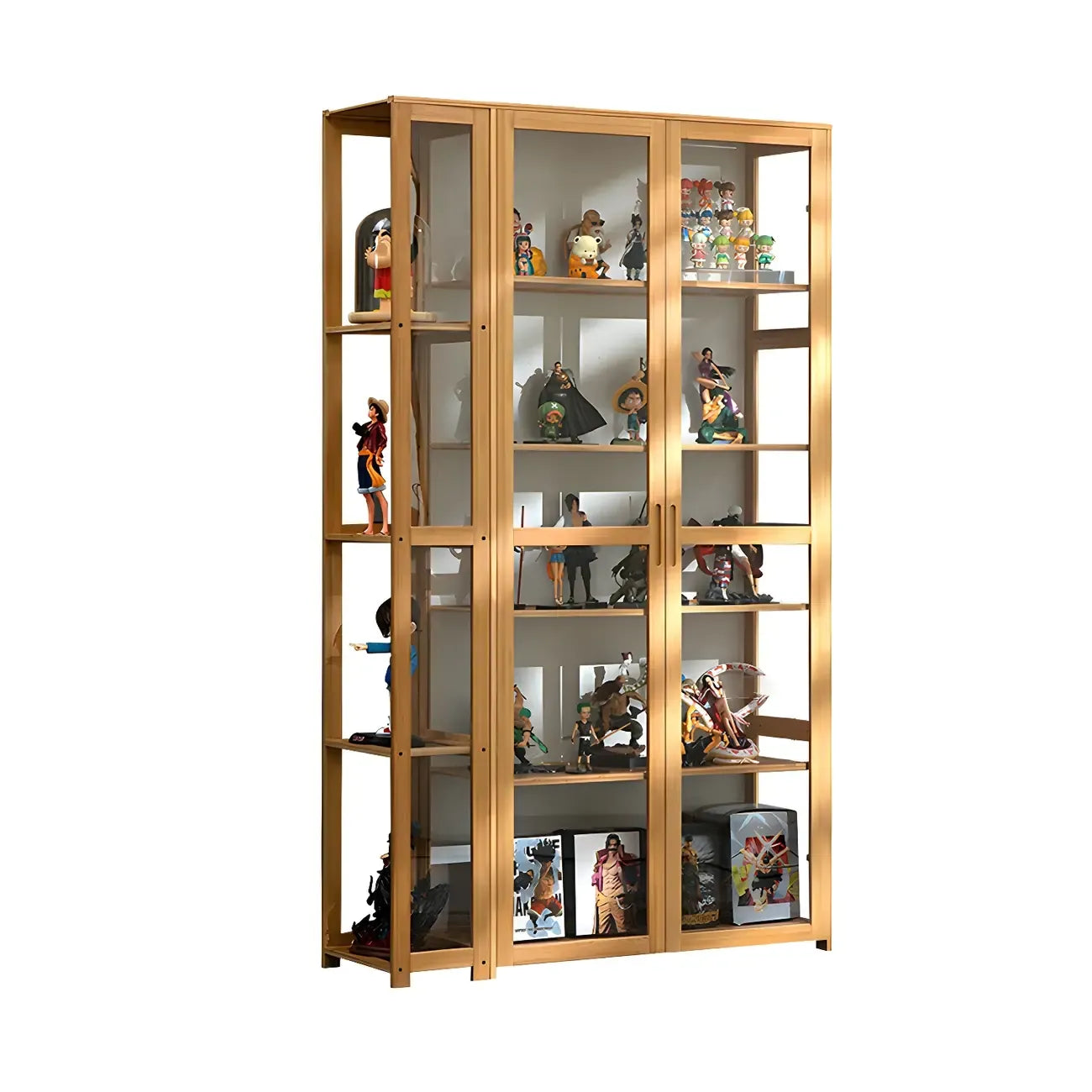 Vitrine de présentation ouverte en bambou et verre, 7 étagères, couleur beige