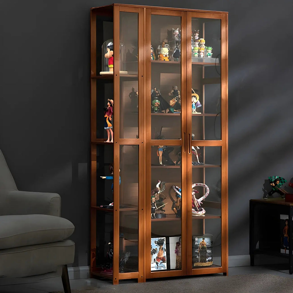Vitrine de présentation ouverte en bambou et verre, 7 étagères, couleur beige