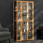 Vitrine de présentation ouverte en bambou et verre, 7 étagères, couleur beige