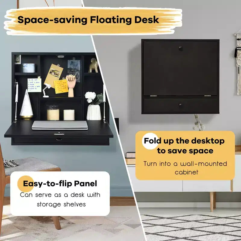 Bureau flottant mural pliable Costway, gain de place, poste de travail pour ordinateur portable