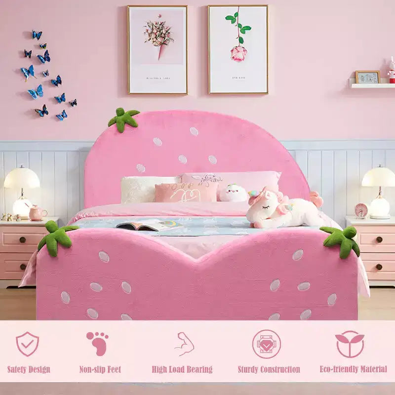 Costway Lit de plateforme rembourré pour enfants, motif baies, mobilier de chambre d'enfant