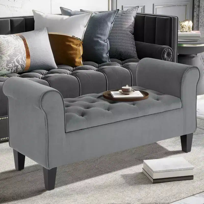 Banc de rangement ottoman capitonné HOMCOM, banc de lit rembourré avec accoudoirs roulés pour chambre à coucher, salon ou couloir