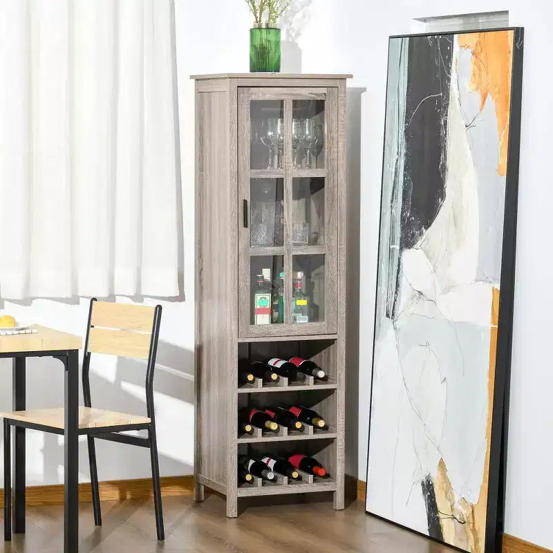 HOMCOM Meuble Bar Colonne avec Casier à Vin 12 Bouteilles, Armoire de Rangement, Porte Vitrée et 3 Compartiments pour Salon, Bar Maison, Salle à Manger