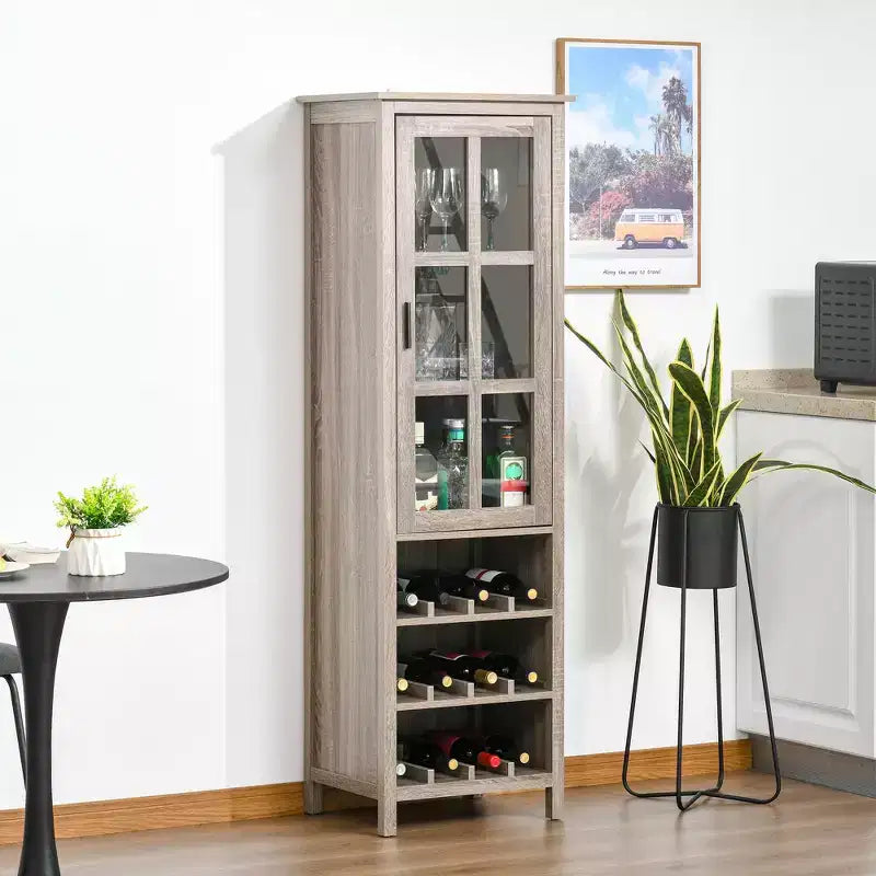 HOMCOM Meuble Bar Colonne avec Casier à Vin 12 Bouteilles, Armoire de Rangement, Porte Vitrée et 3 Compartiments pour Salon, Bar Maison, Salle à Manger