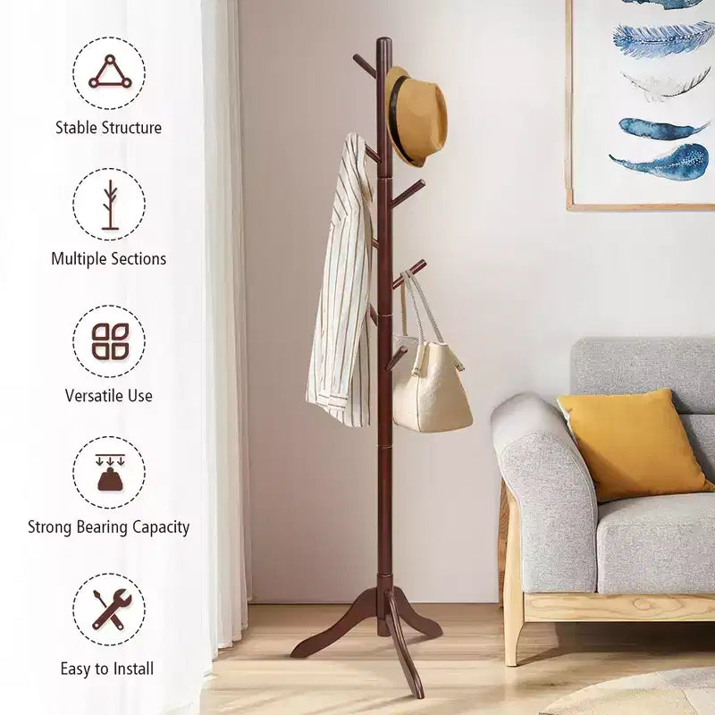 Porte-manteau en bois Costway, arbre d'entrée avec 8 crochets et 2 hauteurs réglables, gris/marron