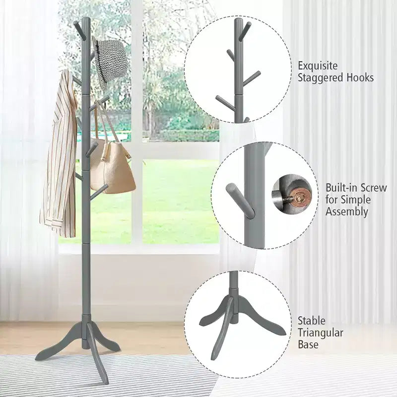 Porte-manteau en bois Costway, arbre d'entrée avec 8 crochets et 2 hauteurs réglables, gris/marron