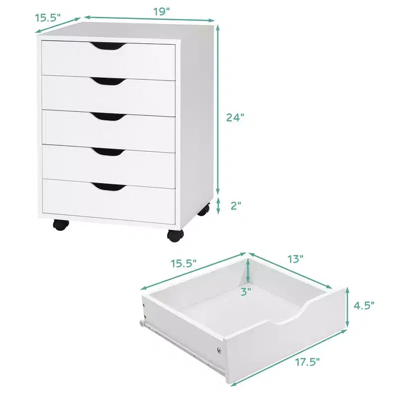 Commode de rangement à 5 tiroirs Costway avec roulettes, meuble d'appoint blanc