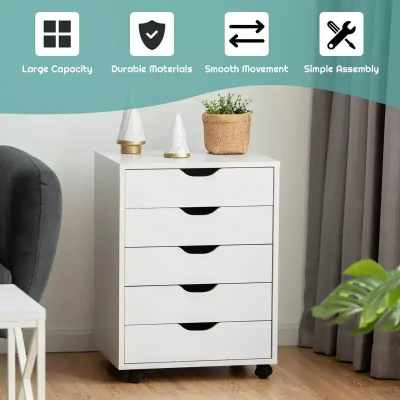 Commode de rangement à 5 tiroirs Costway avec roulettes, meuble d'appoint blanc