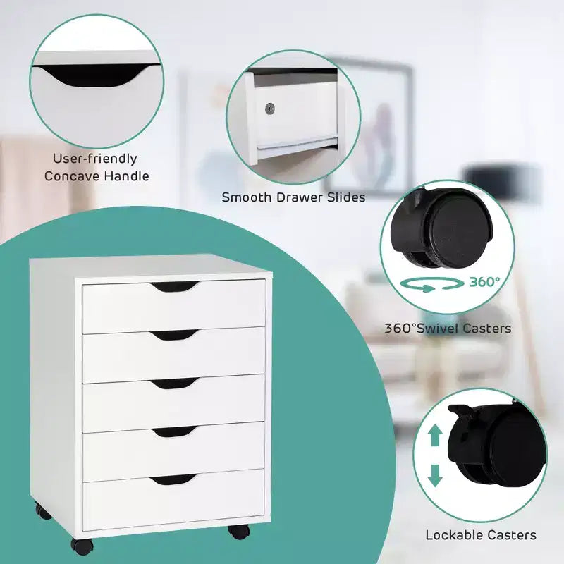 Commode de rangement à 5 tiroirs Costway avec roulettes, meuble d'appoint blanc