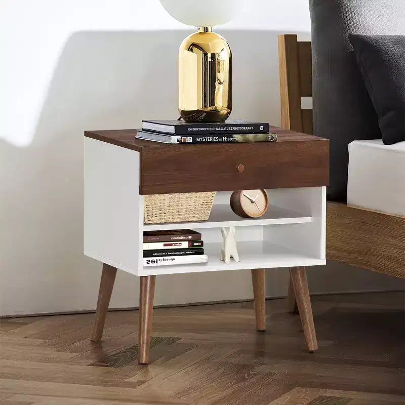 Costway Lot de 2 tables de chevet avec tiroir de rangement et pieds en bois d'hévéa, style scandinave