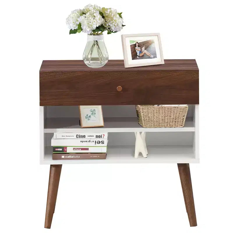 Costway Lot de 2 tables de chevet avec tiroir de rangement et pieds en bois d'hévéa, style scandinave