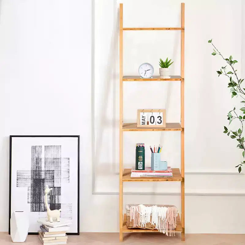 Étagère échelle 5 niveaux Costway, bibliothèque moderne en bambou, étagère murale, étagère de rangement ouverte