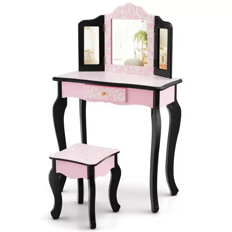 Costway Coiffeuse pour enfant avec tabouret, miroir triptyque et imprimé léopard rose